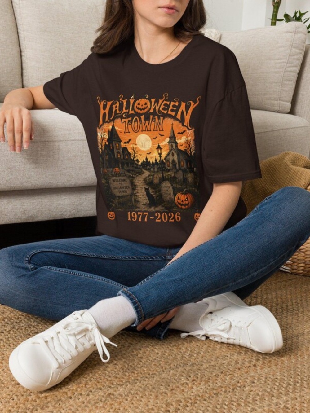 Gildan Dark Brown Halloween Town Graphic Tee with Orange Print, Trick or Treat